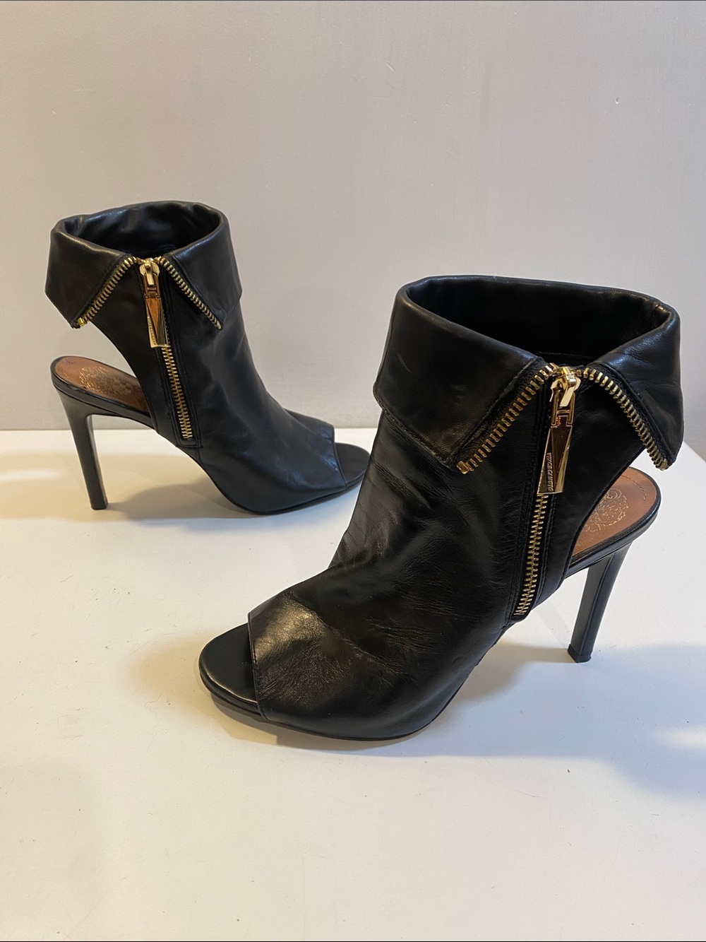 Vince Camuto Kevlin Black Peep-Toe High Heel Booties with Gold Zipper Detail 8M